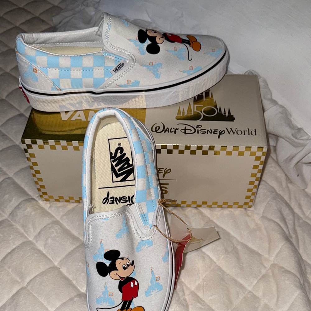 Vans x Disney Mickey Mouse Blue Checkered Slip-Ons